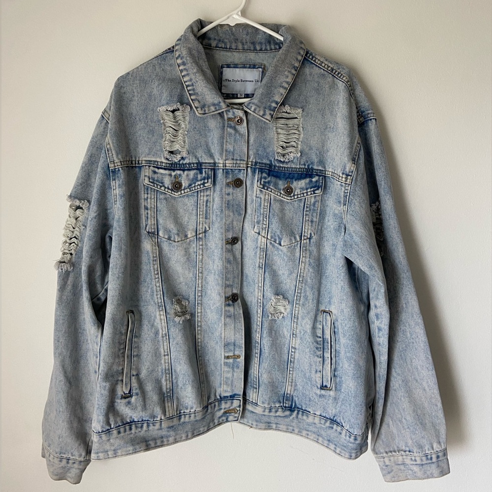 The Style Between Us Distressed Denim Button Up Jacket